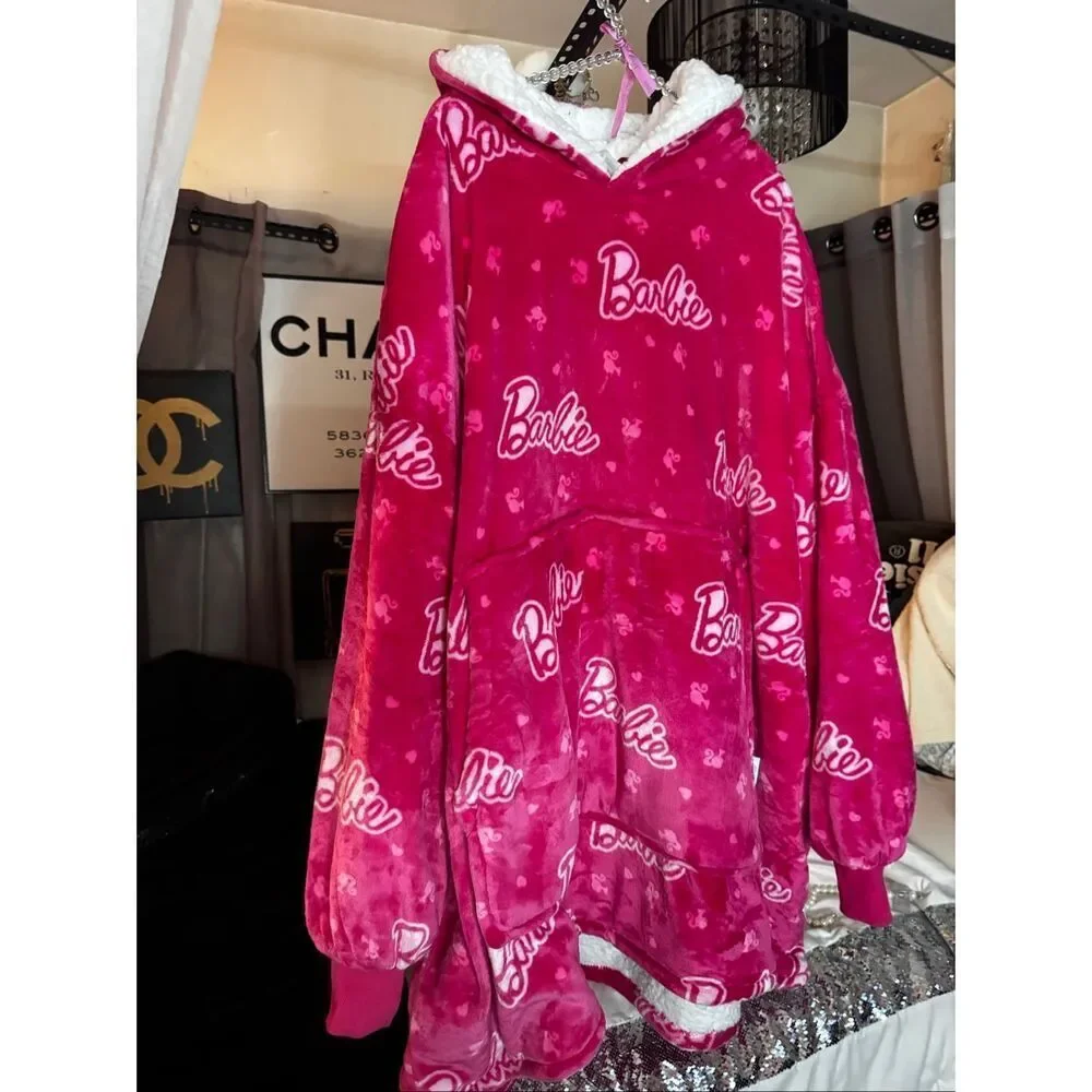 Rare Barbie hot pink oodie pullover Hooded sweatshirt wearable blanket snuggie